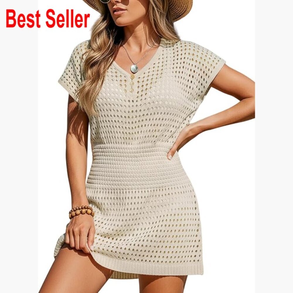 Crochet Mesh Swim Cover Up V Neck Short Sleeve Beach Dress